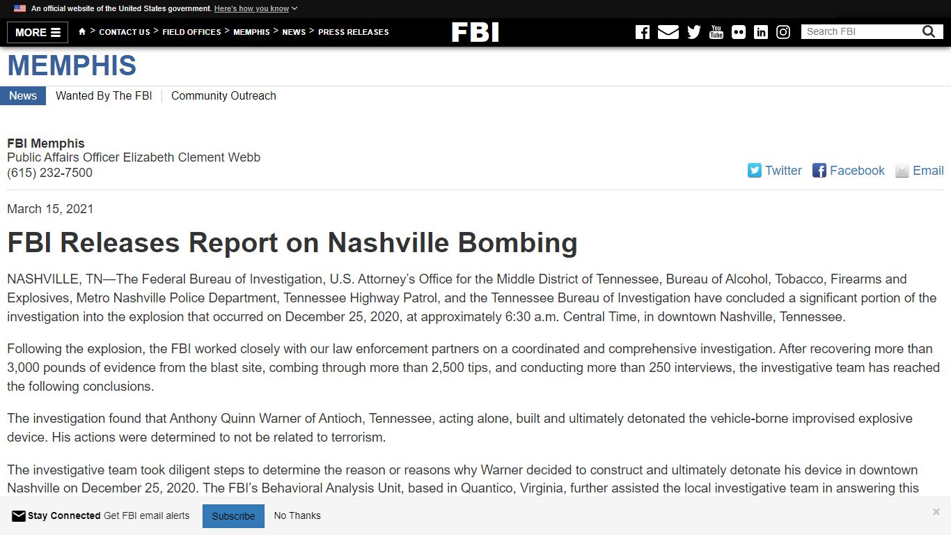 FBI Releases Report on Nashville Bombing — FBI